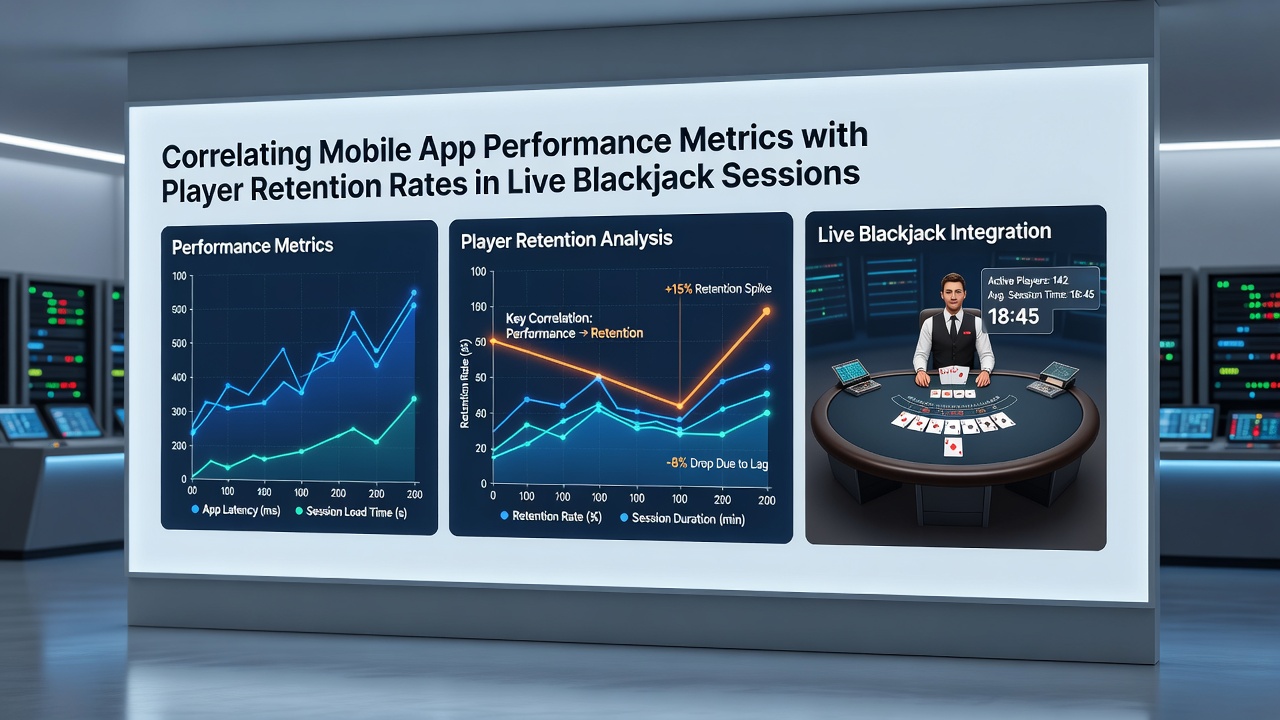 Analytics dashboard displaying correlation graphs between mobile latency metrics and player retention percentages for live blackjack